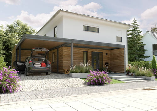 Einfamilienhaus-Flair-124-Kubus-Carport-Erweiterung-Holz-Strassenansicht - Das Stadthaus mit Carport und Anbau.