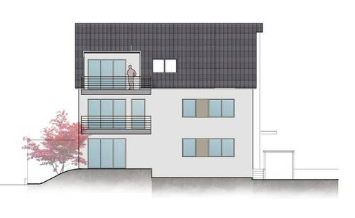 Ansicht Süd - 3-Zimmer EG Wohnung mit Terrasse u. Gartenanteil, zentral gelegen, Erstbezug