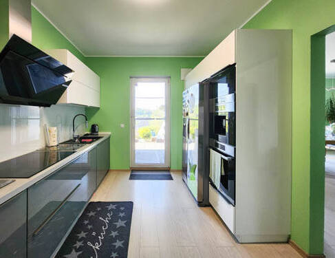 Moderne Küche mit Zugang zu Terrasse und Garten - 