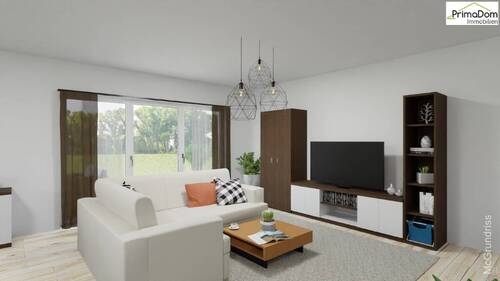 Wohnzimmer mit Zugang zur Terrasse und Garten - 3 Zimmer Etagenwohnung zum Kaufen in Eckental