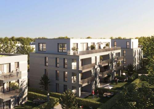 Haus 2 Perspektive Rückansicht Eschenark - 2 Zimmer Terrassenwohnung in Monheim am Rhein