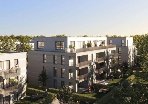 Haus 2 Perspektive Rückansicht Eschenark - 2 Zimmer Terrassenwohnung in Monheim am Rhein