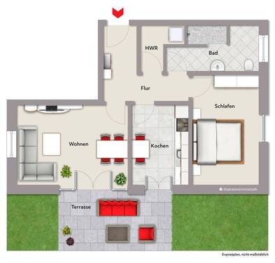 EG: 2 ZKB, HWR, Terrasse ca. 59 m² Wohnfläche - 