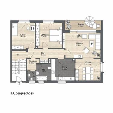 Grundriss Zeichnung.webp - 4 Zimmer Wohnung auf 103,44 m² im 1. OG mit Balkon - Weiden Ost zu verkaufen