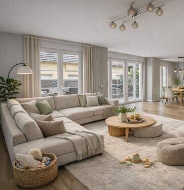 großer Wohn-/Essbereich (Möbel sind virtuell eingefügt). - 5 Zimmer Einfamilienhaus in Bruchköbel