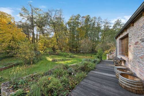 Blick von der seitlichen Terrasse in den Obstgarten - 5 Zimmer Einfamilienhaus in Schwielowsee