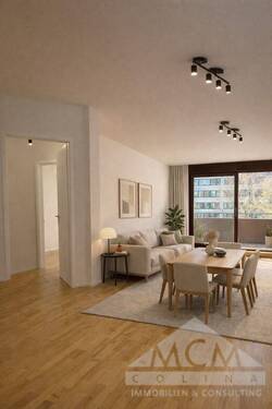 Wohnraum_gestaged - WESTEND - Erstbezug nach kpl. Modernisierung. Neue Wärmepumpe, neues Bad, neue EBK, Parkett und Garage...