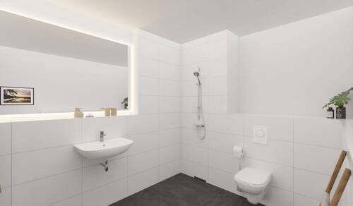 Modern gefliestes Bad mit bodengleicher Dusche - Etagenwohnung mit 97,70 m² in Frankfurt (Oder) zum Kaufen