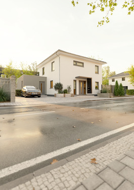 Ext_Stadthaus_Flair_124_Kubus_Putz_Vordach_StreetView02 - Einfamilienhaus mit 129,00 m² in Rotenburg an der Fulda zum Kaufen