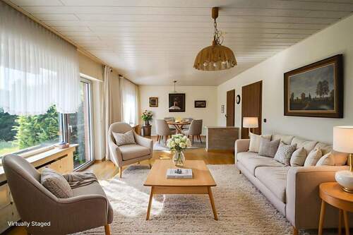 Wohnzimmer virtuell möbliert - Einfamilienhaus mit 114,00 m&sup2; in Wesseling zum Kaufen