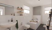 Modernes Tageslichtbad mit bodengleicher Dusche und Badewanne - 