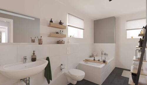 Modernes Tageslichtbad mit bodengleicher Dusche und Badewanne - 