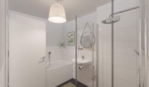 Modern gefliestes Badezimmer mit bodengleicher Dusche und Badewanne - 3 Zimmer Etagenwohnung in Germersheim