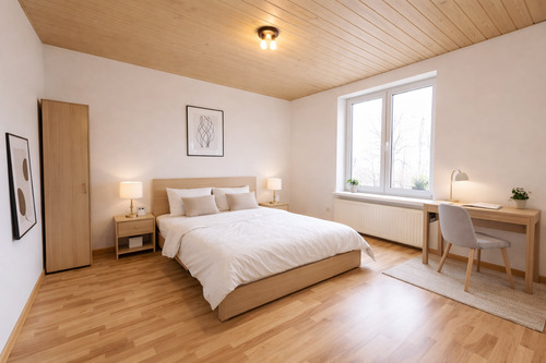 Schlafzimmer 1.OG (mit KI bearbeitet und möbliert) - 5 Zimmer Doppelhaushälfte zum Kaufen in Ostfildern