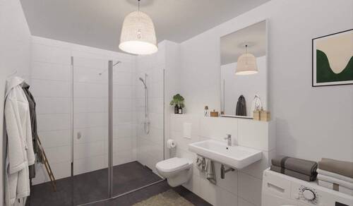 Modern gefliestes Badezimmer mit bodengleicher Dus - 