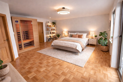Einrichtungsvorschlag: Helles Schlafzimmer mit Infrarotsauna Foto bearbeitet - 