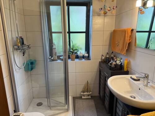 Badezimmer mit Dusche und Fenster - 