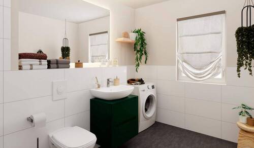 Modernes Tageslichtbad mit bodengleicher Dusche, Waschmaschineanschluss und Platz für kleine Wohlfühlmomente - 2 Zimmer Etagenwohnung in Berlin