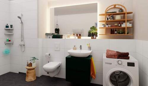 Das modern geflieste Bad kombiniert Komfort mit einer angenehmen Atmosphäre - 