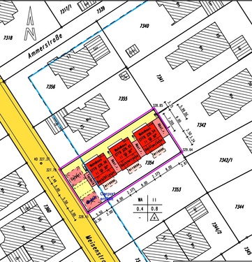 Lageplan Meisenstr. 47 - Ausschnitt - Grundstück mit genehmigter Planung für 3 Häuser