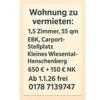 1,5 Zimmer Wohnung 55 qm - 800,00 EUR Kaltmiete, in Kleines Wiesental (PLZ: 79692)