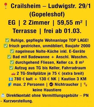 Foto - 2 Zimmer Erdgeschoßwohnung zur Miete in Crailsheim