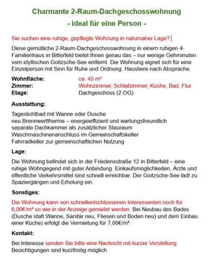 Foto - 2 Zimmer Etagenwohnung zur Miete in Bitterfeld-Wolfen