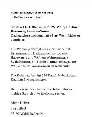 Foto - Wohnung in 93192 RoßbachWald *** Bitte NUR telefonisch melden **