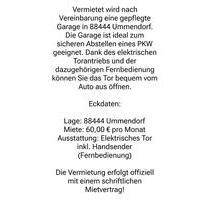 Garage zu Vermieten - 60,00&nbsp;EUR Miete, in Ummendorf (PLZ: 88444)