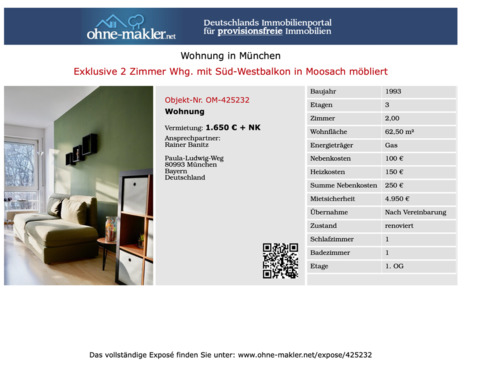 Foto - sonnige 2 Zimmer Balkonwohnung in Moosach möbliert