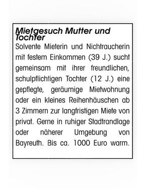 Foto - Mietgesuch Mutter und Tochter - 1.000,00&nbsp;EUR Kaltmiete, ca.&nbsp; 85,00&nbsp;m&sup2;