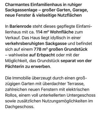 Foto - Barienrode Einfamilienhaus - 220.000,00&nbsp;EUR Kaufpreis, ca.&nbsp; 114,00&nbsp;m&sup2;