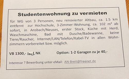 Foto - Studentenzimmer zu vermieten - 1.300,00 EUR Kaltmiete,