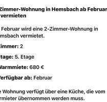 Ab Februar 2026 - 680,00&nbsp;EUR Kaltmiete, ca.&nbsp; 63,00&nbsp;m&sup2; in Hemsbach (PLZ: 69502)