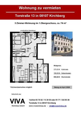 Foto - 3 Zimmer-Wohnung im 1.OG, ca. 74 m² in Kirchberg, Torstraße zu vermieten