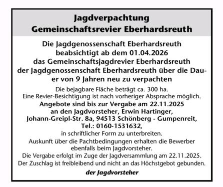 Foto - Jagdverpachtung Gemeinschaftsjagdrevier Eberhardsreuth