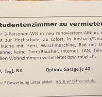 Studentenzimmer - 470,00 EUR Kaltmiete, in Ansbach (PLZ: 91522)
