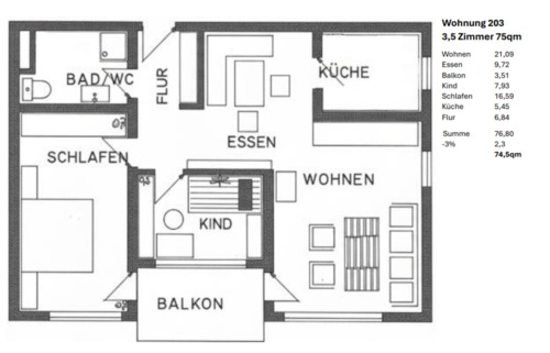 Foto - Helle 3,5-Zimmer-Wohnung (74,5 qm) mit Balkon
