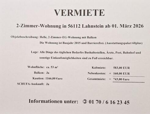 Foto - Helle 2 Zimmer Wohnung EG behindertengerecht mit Balkon Lahnstein