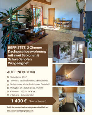 Foto - 3-Zimmer Wohnung für ein Jahr (auch WG geeignet!)