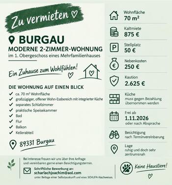 Foto - 2 Zimmer Etagenwohnung zur Miete in Burgau