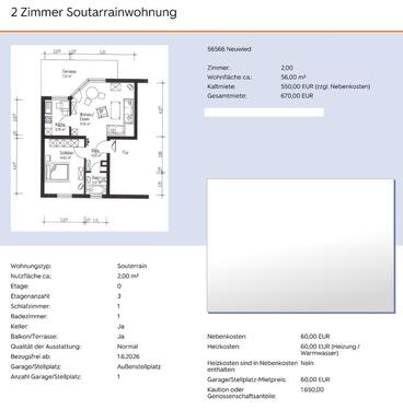 Foto - 2 Zimmer Wohnung - 550,00&nbsp;EUR Kaltmiete, ca.&nbsp; 56,00&nbsp;m&sup2;
