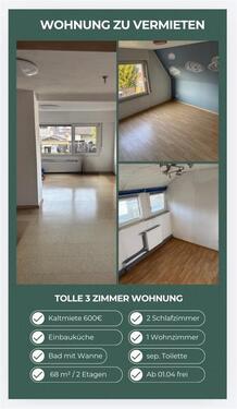 Foto - 3-Zimmer Wohnung - 600,00&nbsp;EUR Kaltmiete, ca.&nbsp; 68,00&nbsp;m&sup2;