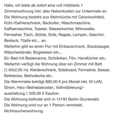 Foto - All inkl. 1 Zi.-Whg. voll möbliert inkl. Strom, WLAN etc.