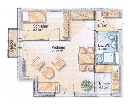 Foto - Helle teilmöblierte 2‑R-W m. Balkon und TG-Stellplatz