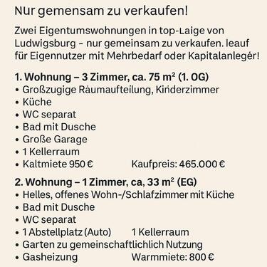 Foto - Zwei Eigentumswohnungen in Top-Lage von Ludwigsburg !