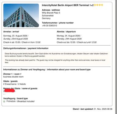 Foto - Hotelübernachtung Intercity Berlin Airport 23.08.2026