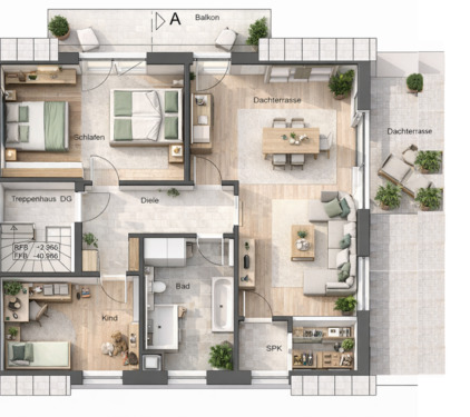 Foto - 100qm, 3-Zi Penthouse-Neubau, 2 Dachterrassen, EBK & Grünblick