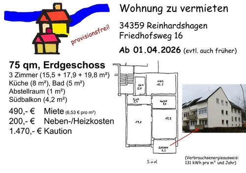 Foto - Wohnung zu vermieten - 490,00&nbsp;EUR Kaltmiete, ca.&nbsp; 75,00&nbsp;m&sup2;