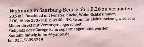Foto - Wohnung in saarburg-beurig zu vermieten
